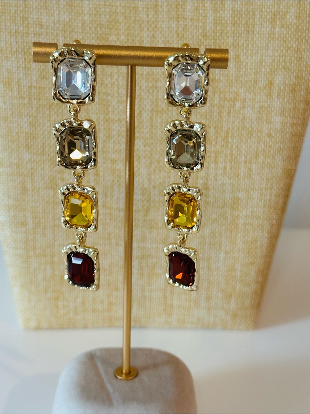 Gold-Tone Multi Gem Drop Earrings with Clear, Smoky, Yellow and Garnet Stones